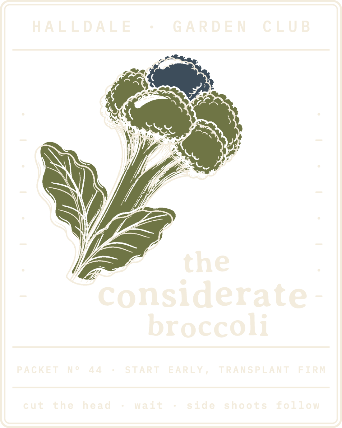 Seed packet Nº 44, The Considerate Broccoli, printed in Paper, Olive and Faded Navy