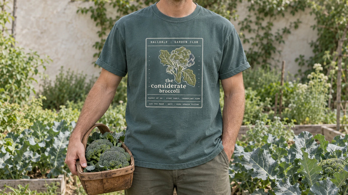 A man in the Blue Spruce Considerate Broccoli tee stands by a brassica bed of broccoli plants with broad blue-green leaves, holding a wooden trug holding two fresh broccoli heads.