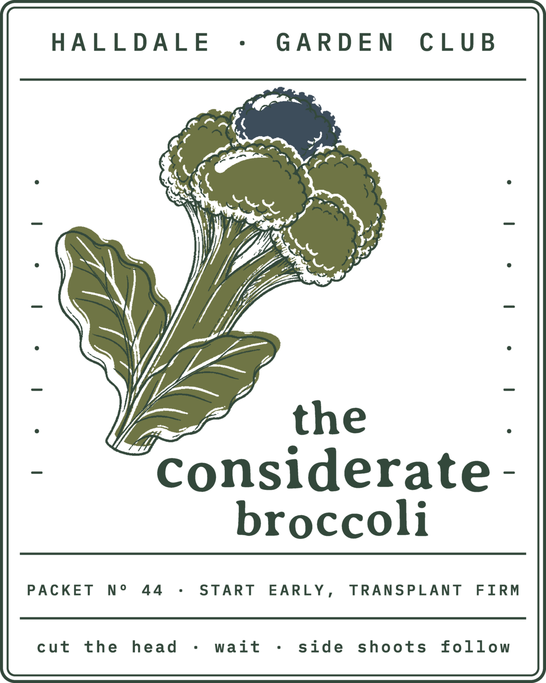 Seed packet Nº 44, The Considerate Broccoli, printed in Forest, Olive and Faded Navy