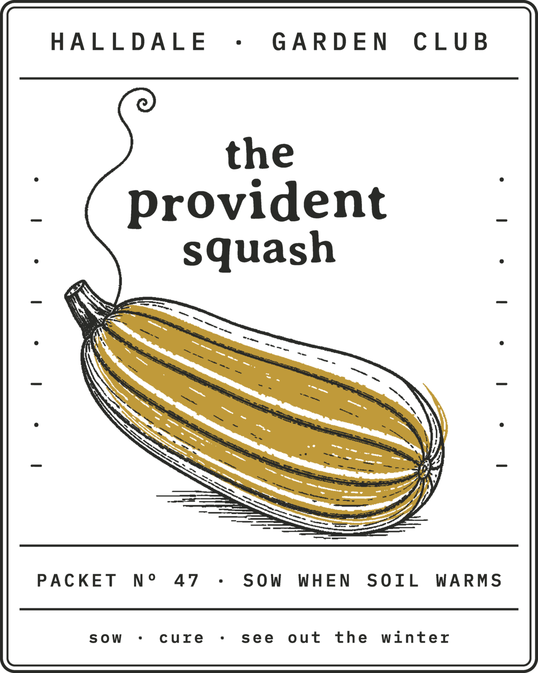 Seed packet Nº 47, The Provident Squash, printed in Charcoal and Mustard