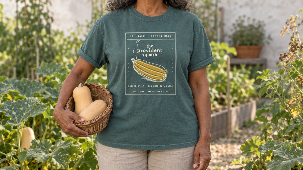 A woman in the Blue Spruce Provident Squash tee stands by sprawling winter squash vines in early fall, holding a shallow wicker basket holding two butternut squash.
