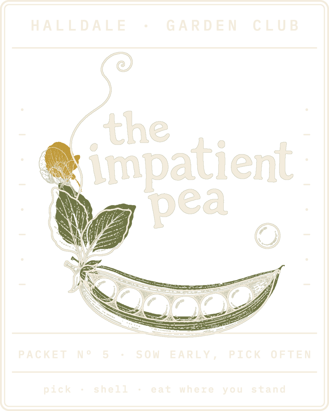 Seed packet Nº 5, The Impatient Pea, printed in Paper, Olive and Mustard