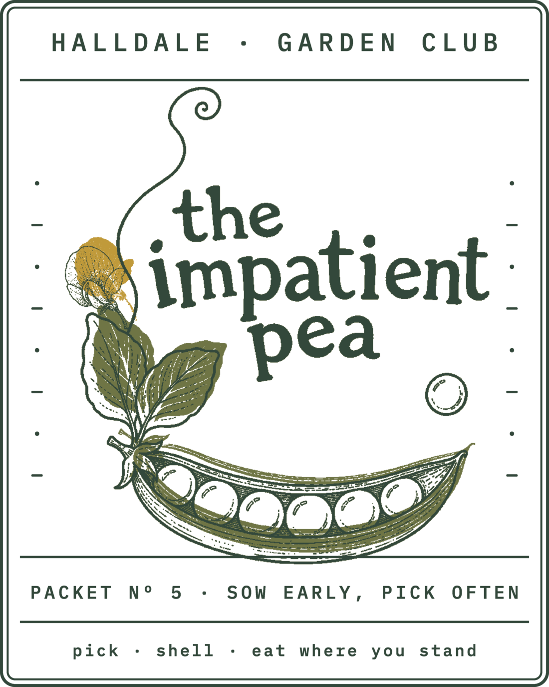 Seed packet Nº 5, The Impatient Pea, printed in Forest, Olive and Mustard