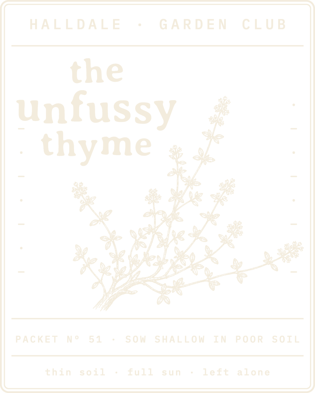 Seed packet Nº 51, The Unfussy Thyme, printed in Paper, Olive and Clay