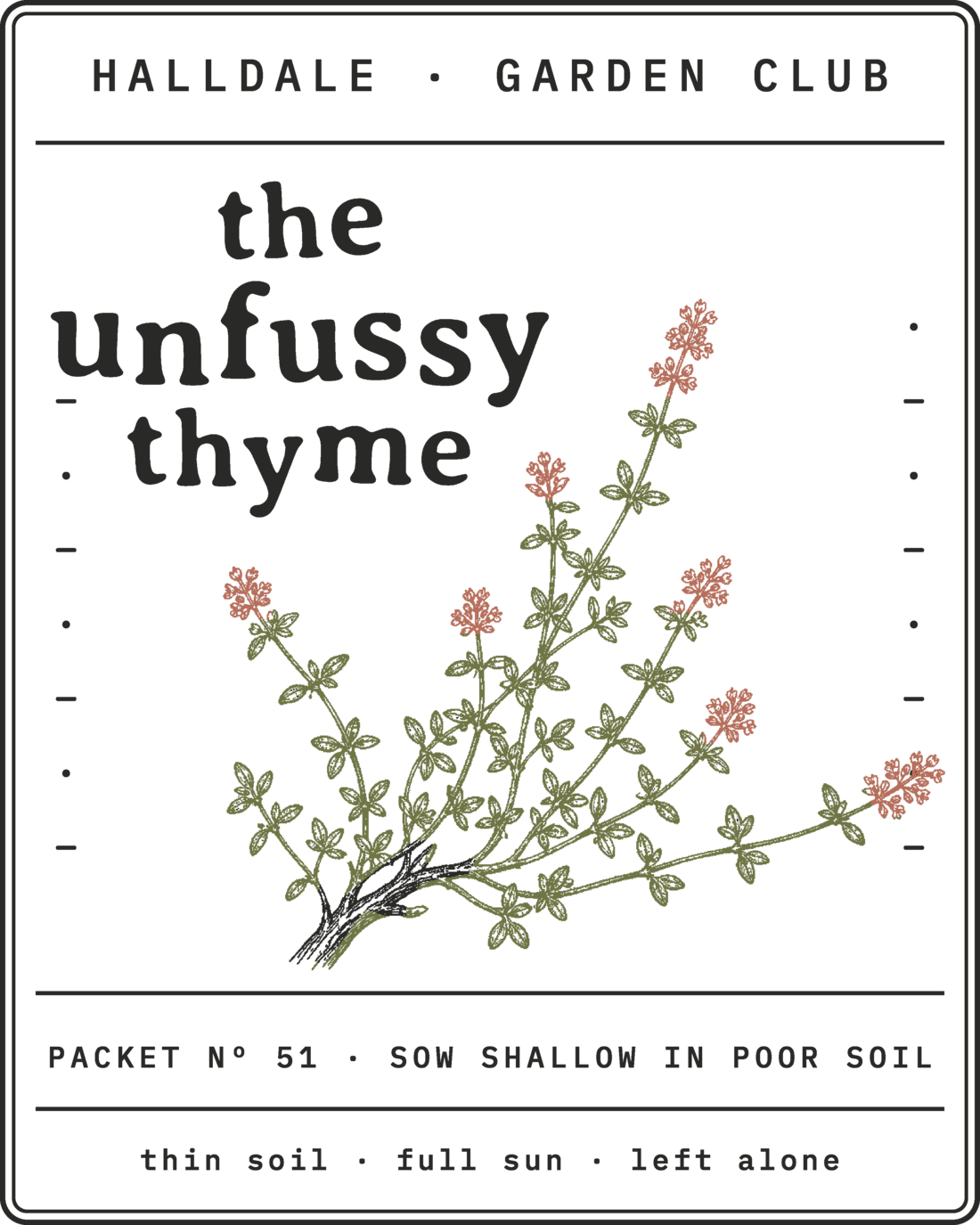 Seed packet Nº 51, The Unfussy Thyme, printed in Charcoal, Olive and Clay