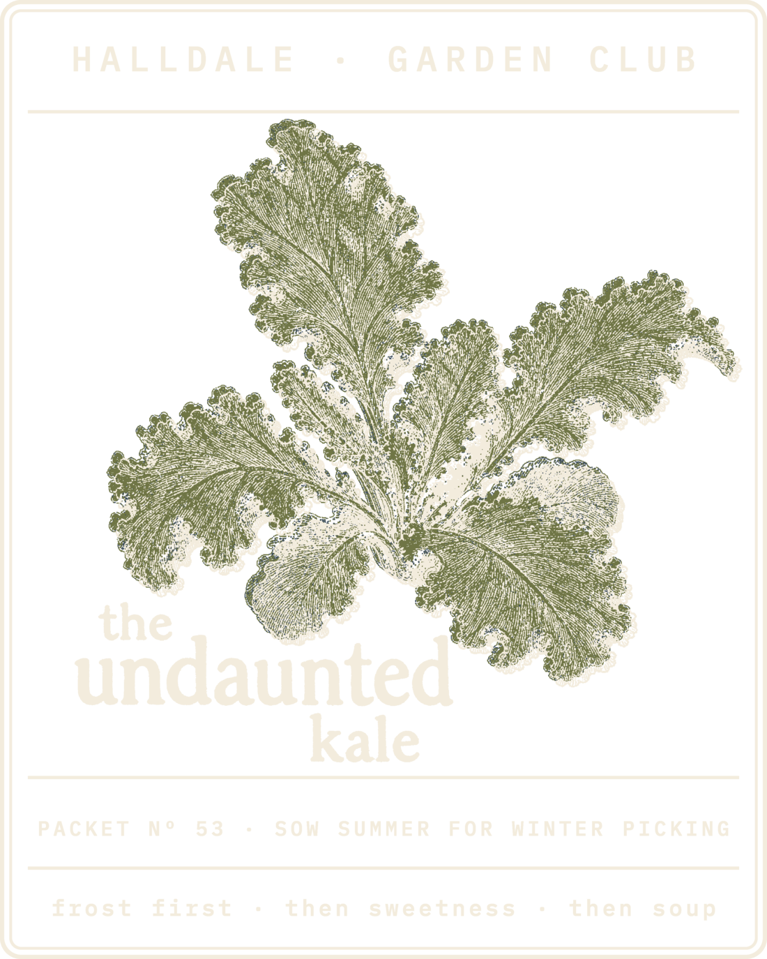 Seed packet Nº 53, The Undaunted Kale, printed in Paper and Olive