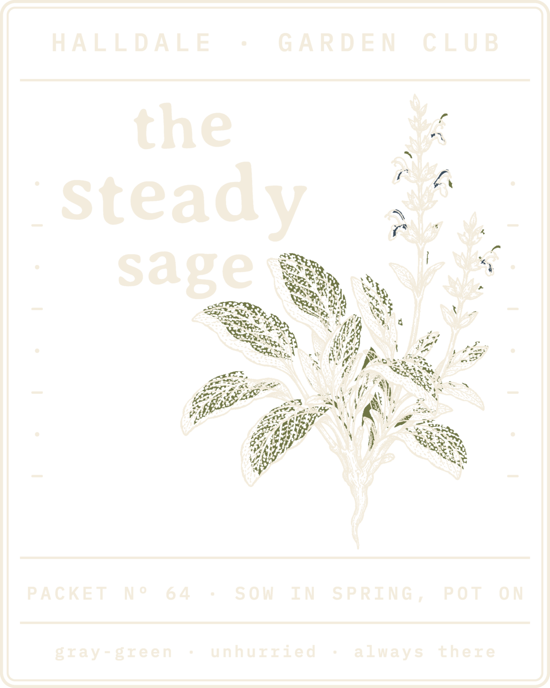 Seed packet Nº 64, The Steady Sage, printed in Paper and Olive