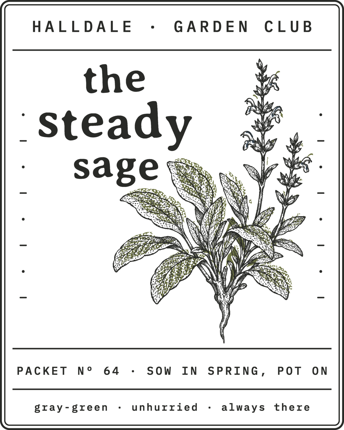 Seed packet Nº 64, The Steady Sage, printed in Charcoal and Olive
