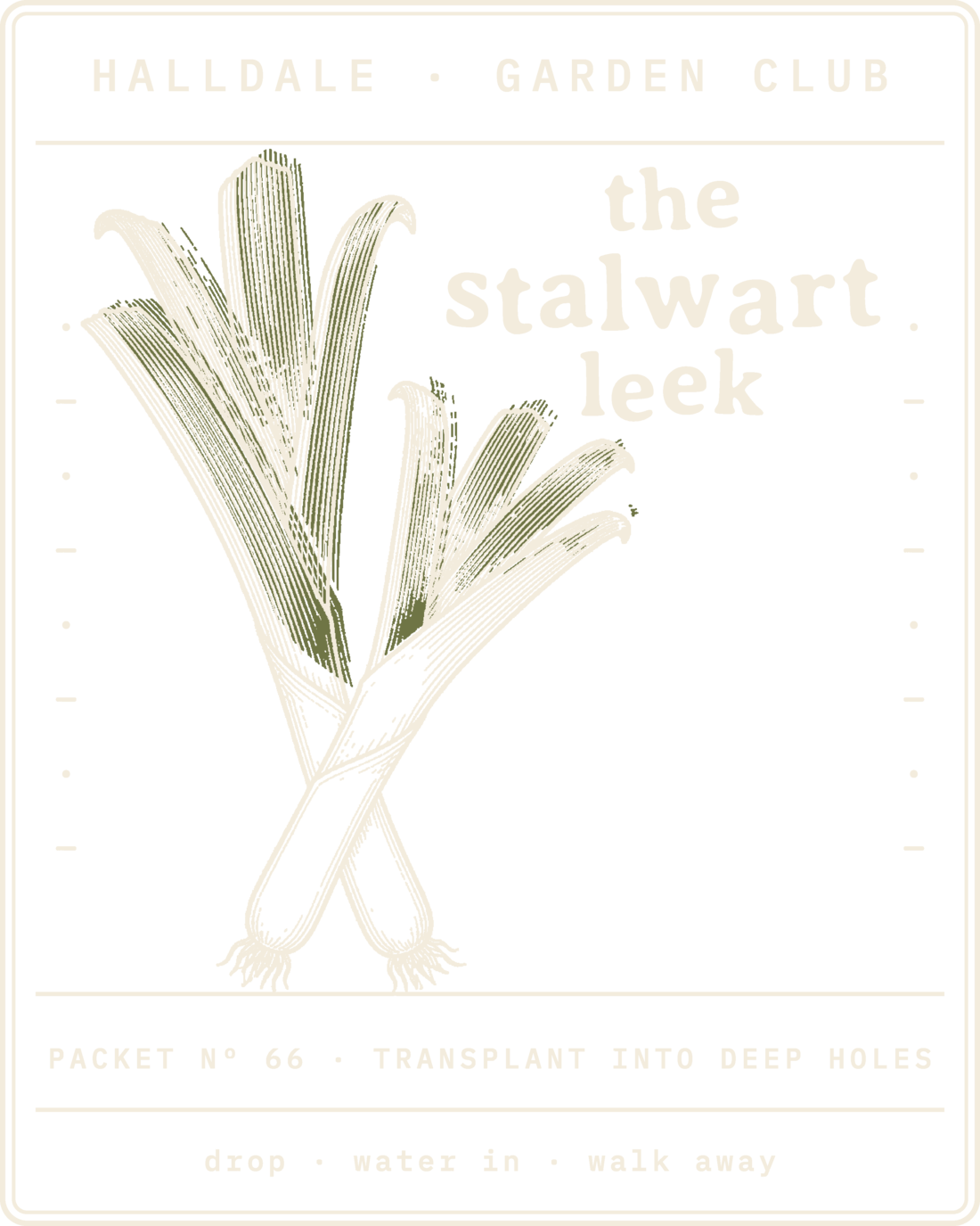 Seed packet Nº 66, The Stalwart Leek, printed in Paper, Aged White and Olive