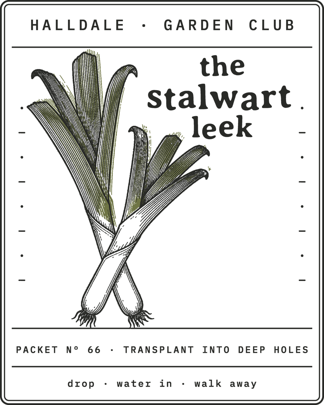 Seed packet Nº 66, The Stalwart Leek, printed in Charcoal, Aged White and Olive