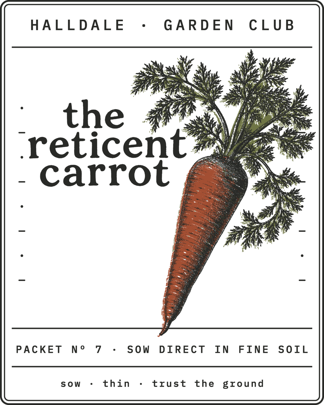 Seed packet Nº 7, The Reticent Carrot, printed in Charcoal, Rust and Olive