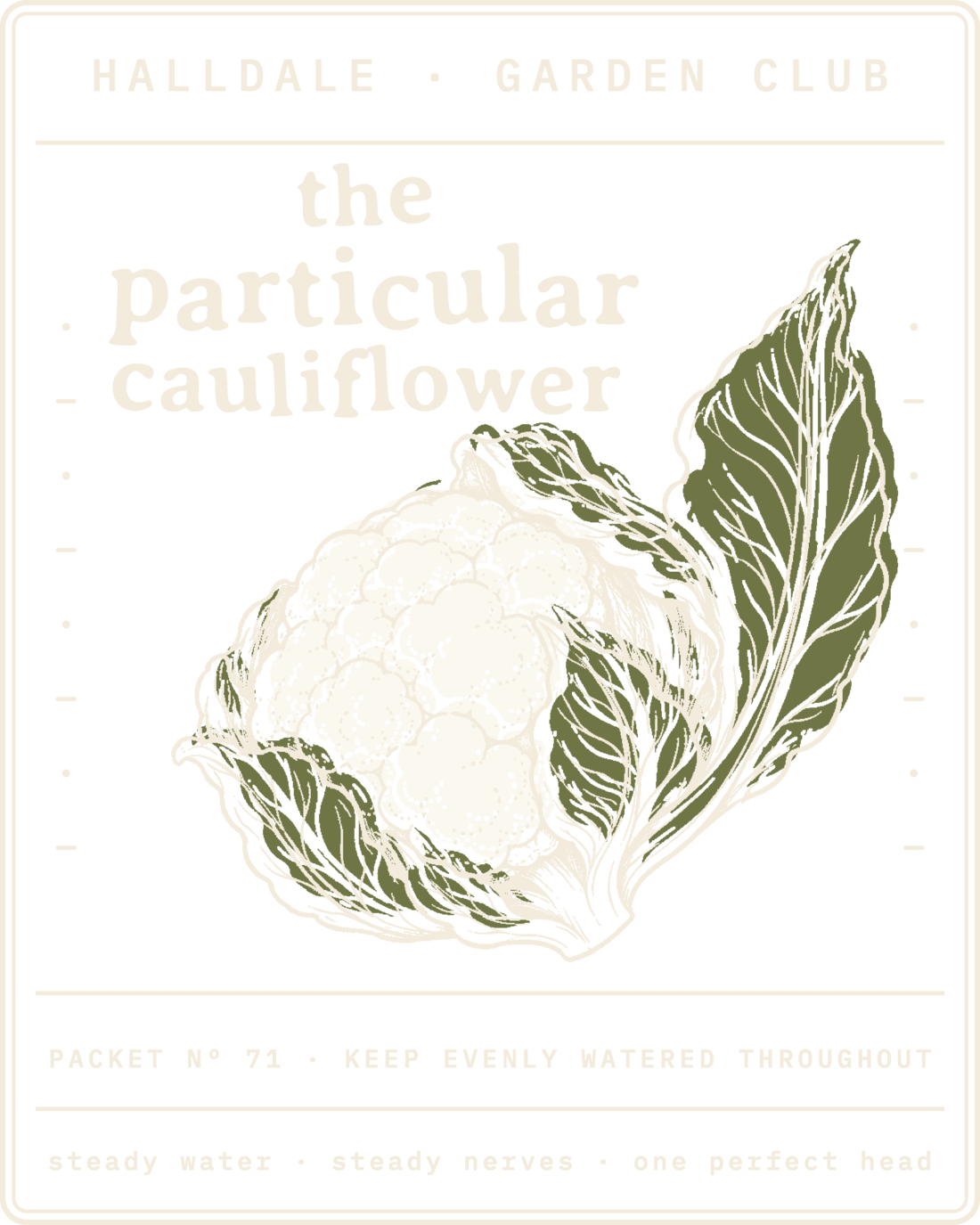 Seed packet Nº 71, The Particular Cauliflower, printed in Paper, Aged White and Olive