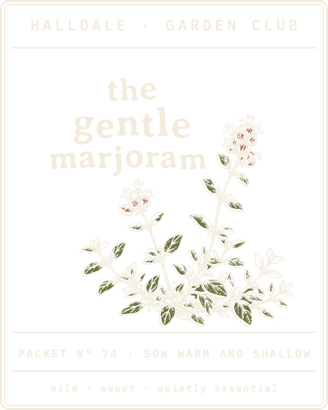 Seed packet Nº 74, The Gentle Marjoram, printed in Paper, Olive and Clay