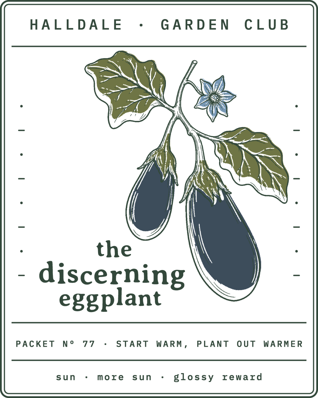 Seed packet Nº 77, The Discerning Eggplant, printed in Forest