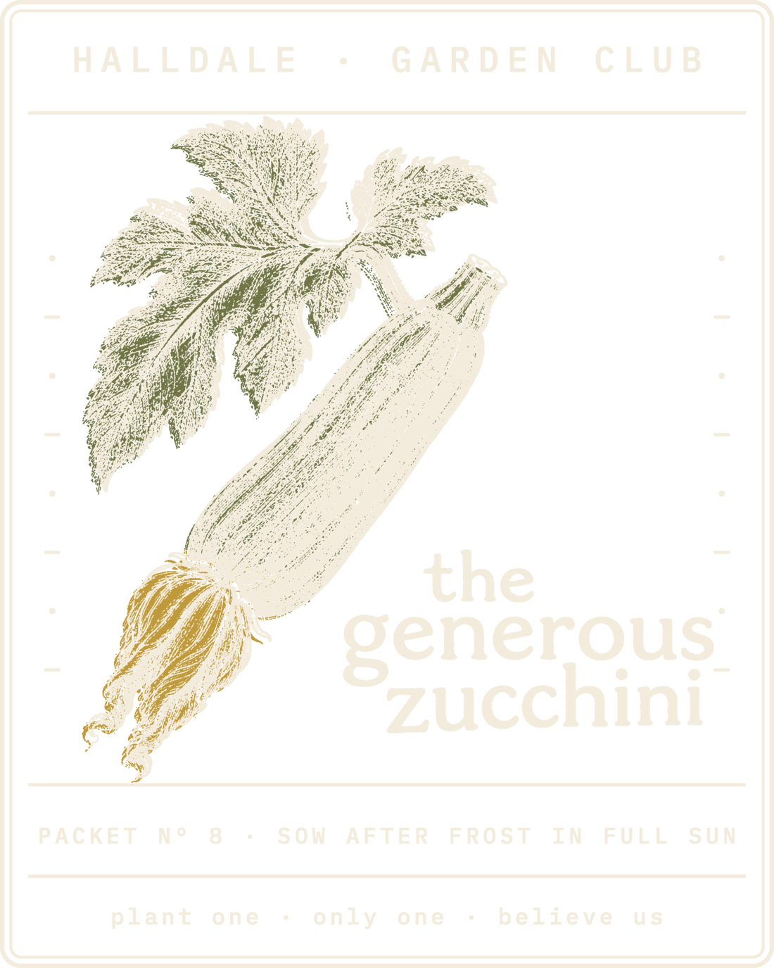Seed packet Nº 8, The Generous Zucchini, printed in Paper, Olive and Mustard