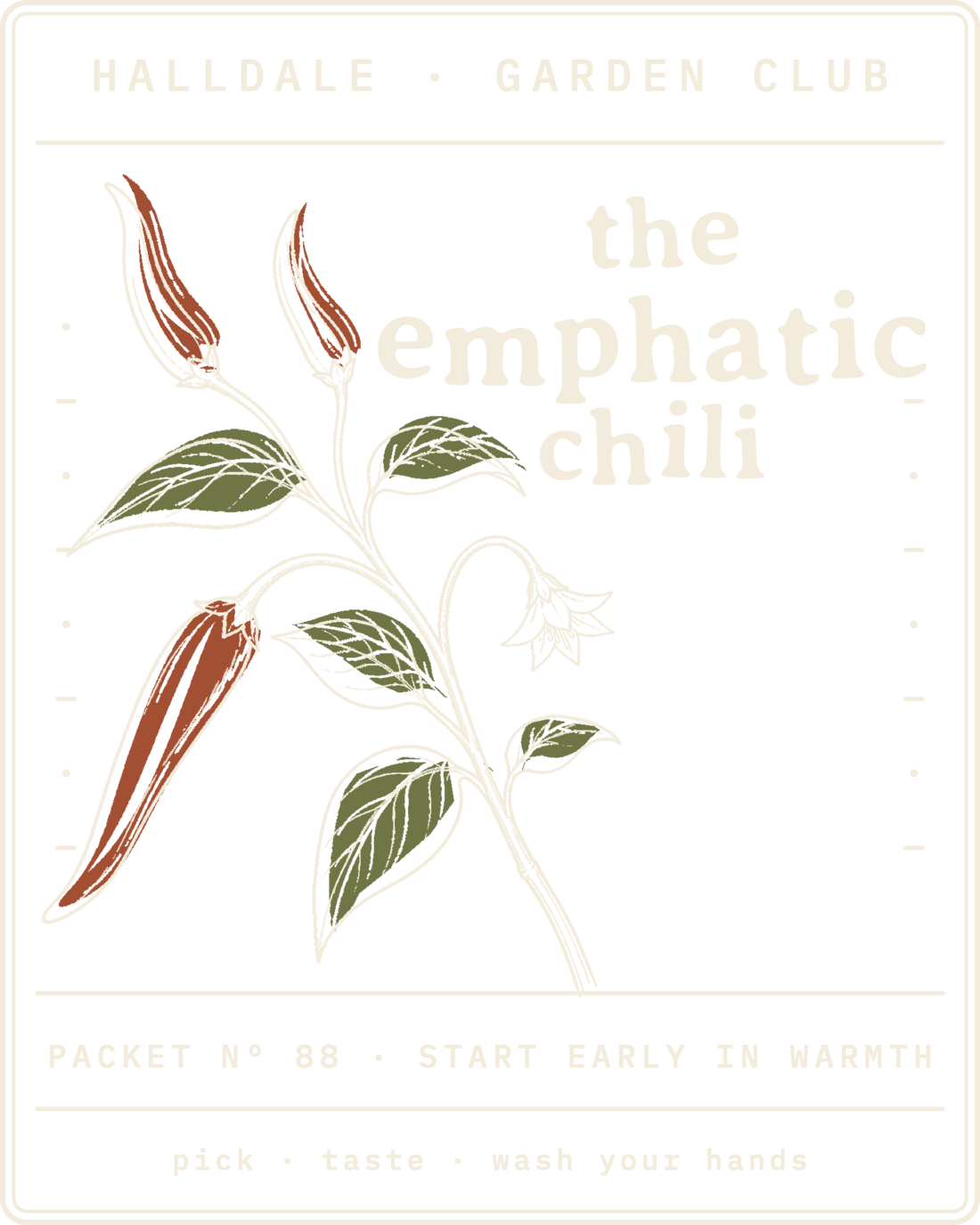 Seed packet Nº 88, The Emphatic Chili, printed in Paper, Rust and Olive