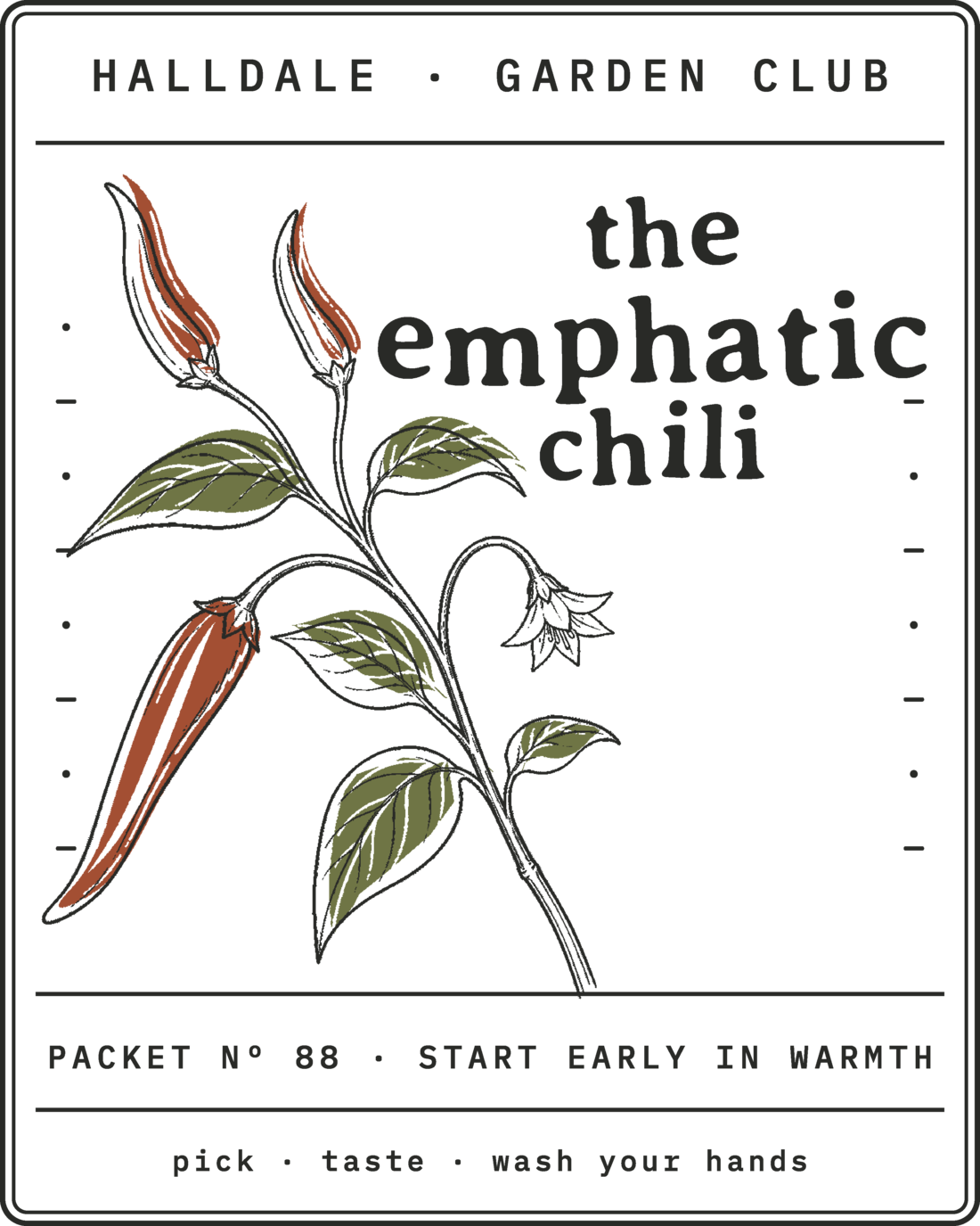Seed packet Nº 88, The Emphatic Chili, printed in Charcoal, Rust and Olive