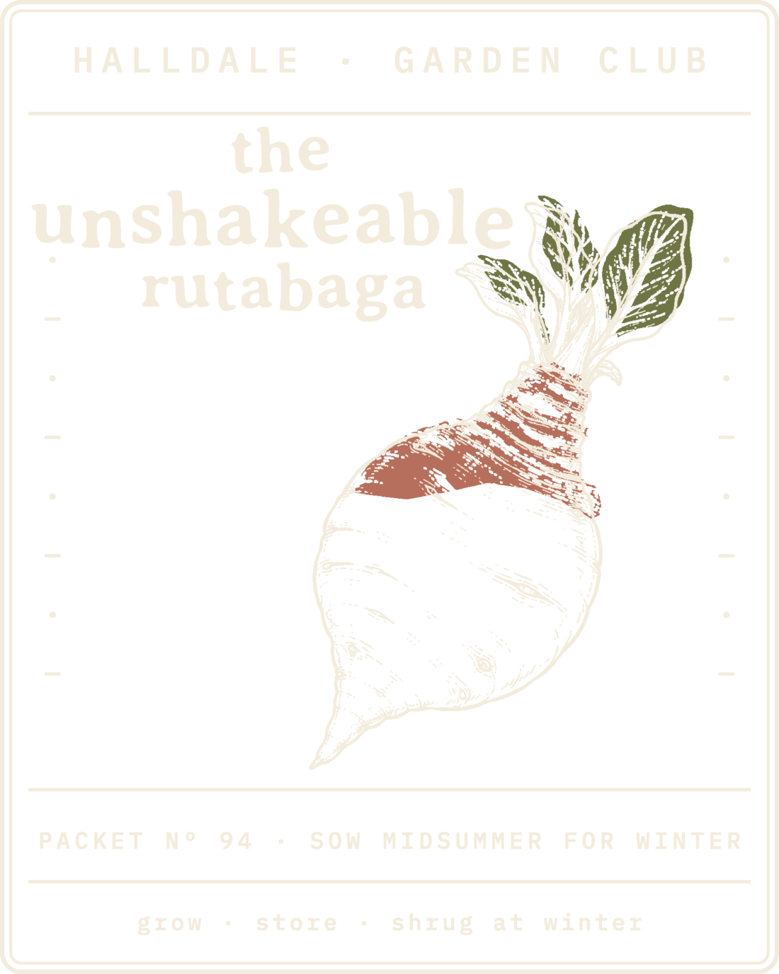 Seed packet Nº 94, The Unshakeable Rutabaga, printed in Paper, Clay and Olive