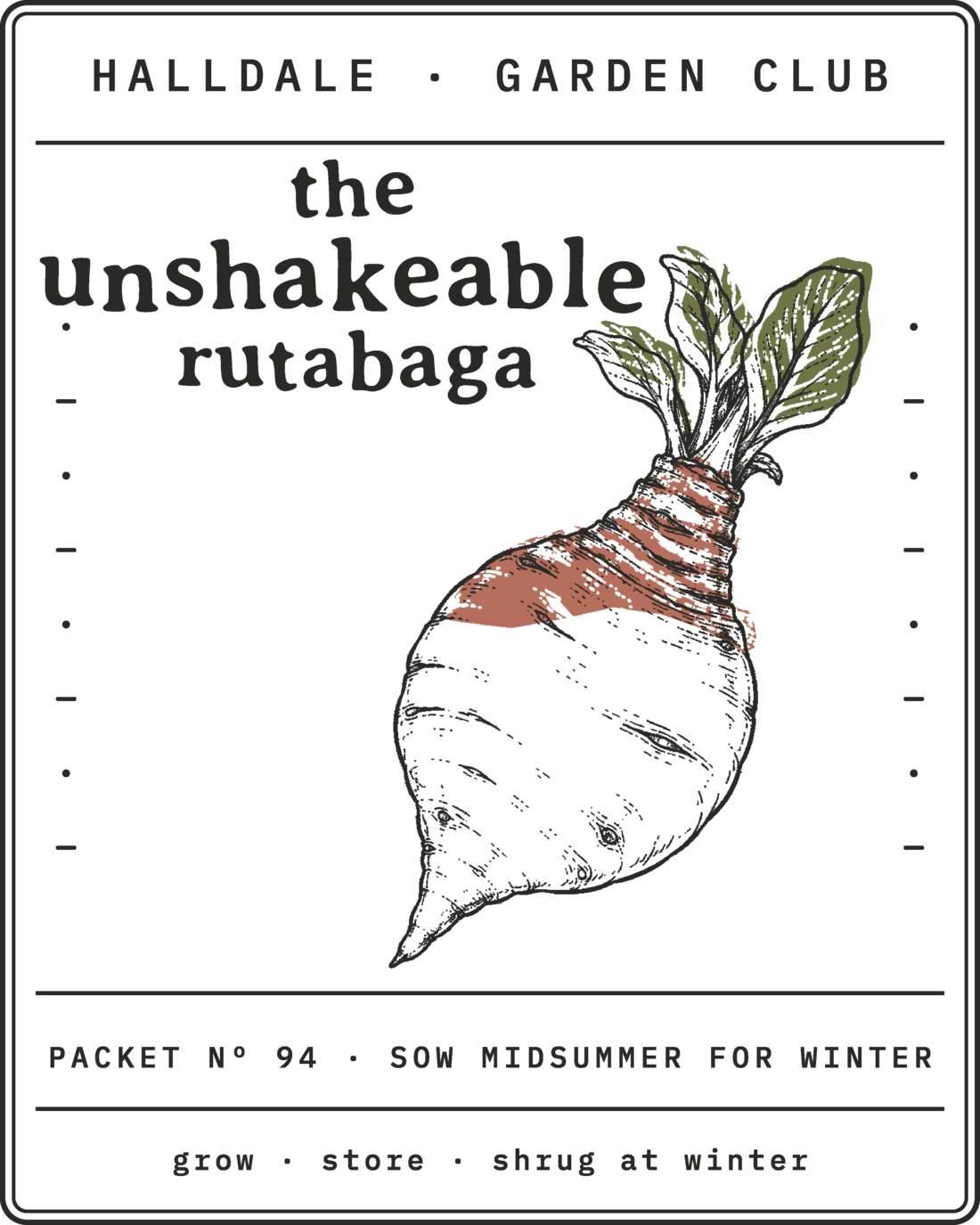 Seed packet Nº 94, The Unshakeable Rutabaga, printed in Charcoal, Clay and Olive