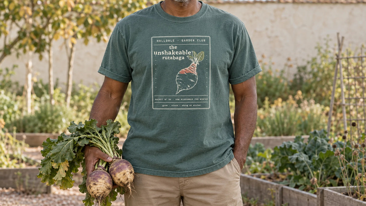 A man in the Blue Spruce Unshakeable Rutabaga tee stands by a late fall root bed, holding two purple-shouldered rutabagas with their greens.