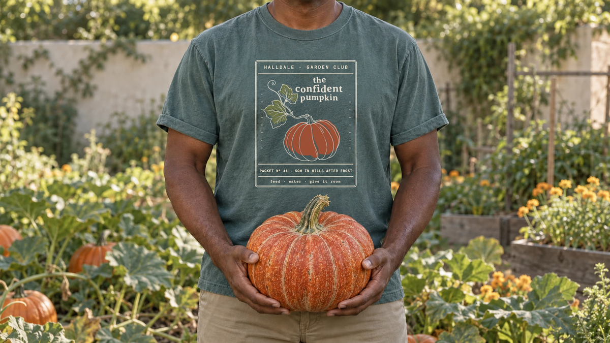 A man wearing the revised two-leaf Confident Pumpkin tee, holding a pumpkin in a sunny garden.