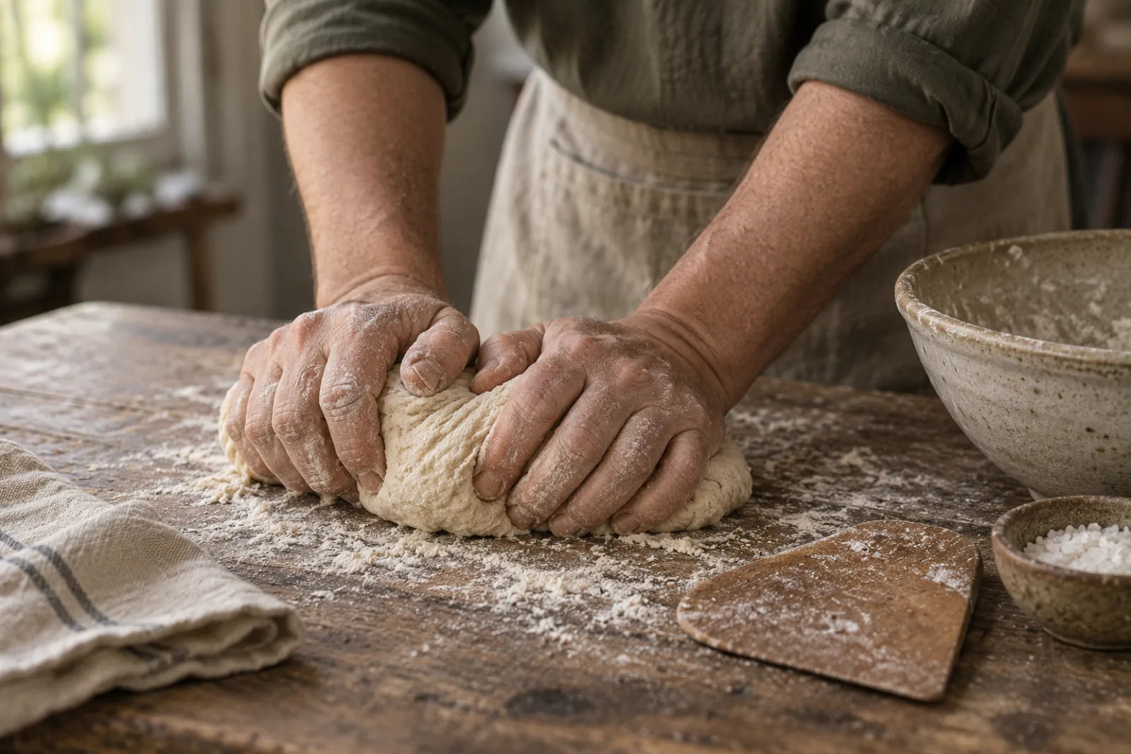 Hands working dough on a flour-dusted kitchen table.
