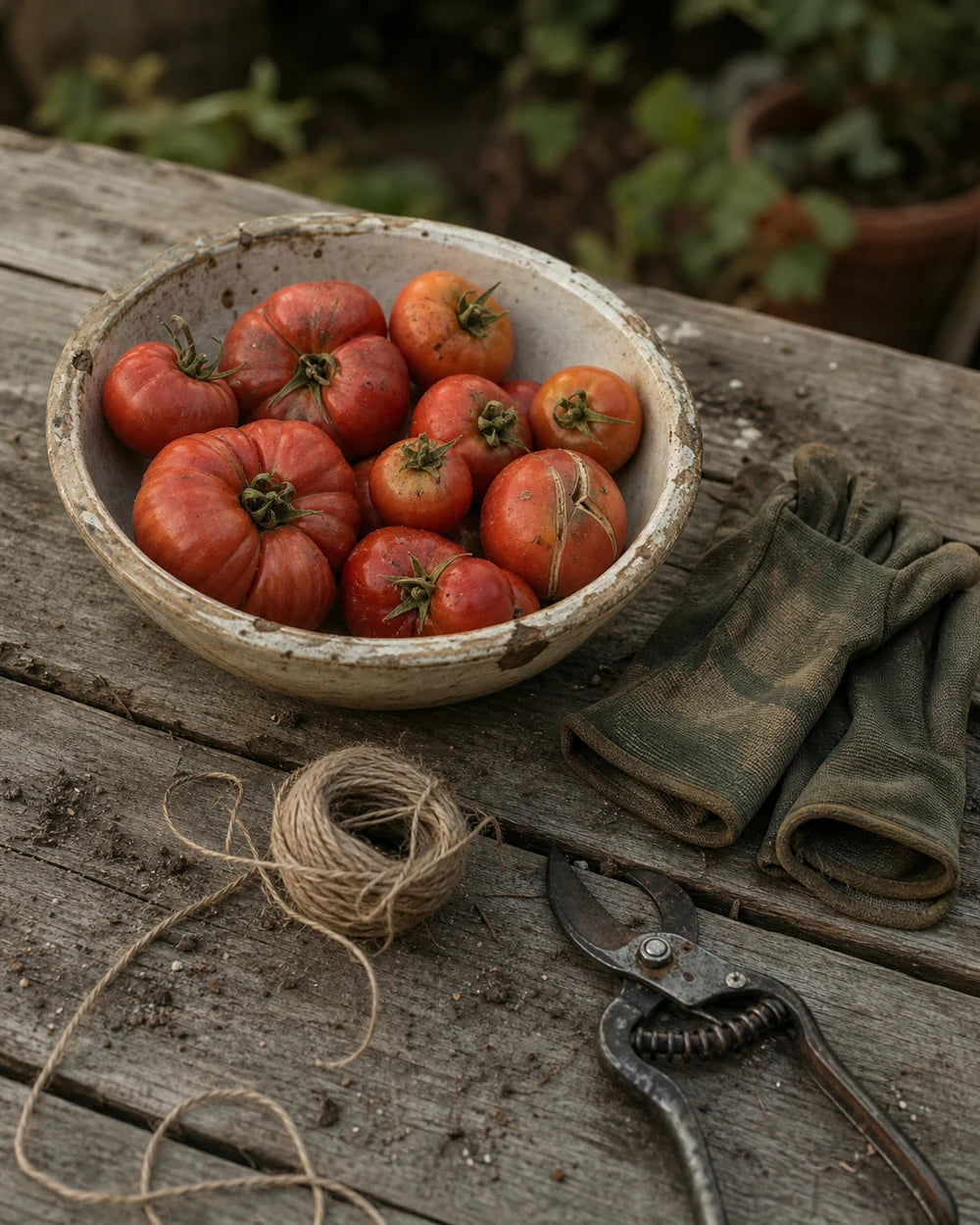 Garden tomatoes in a chipped bowl beside gloves, twine and pruners on a wooden table.