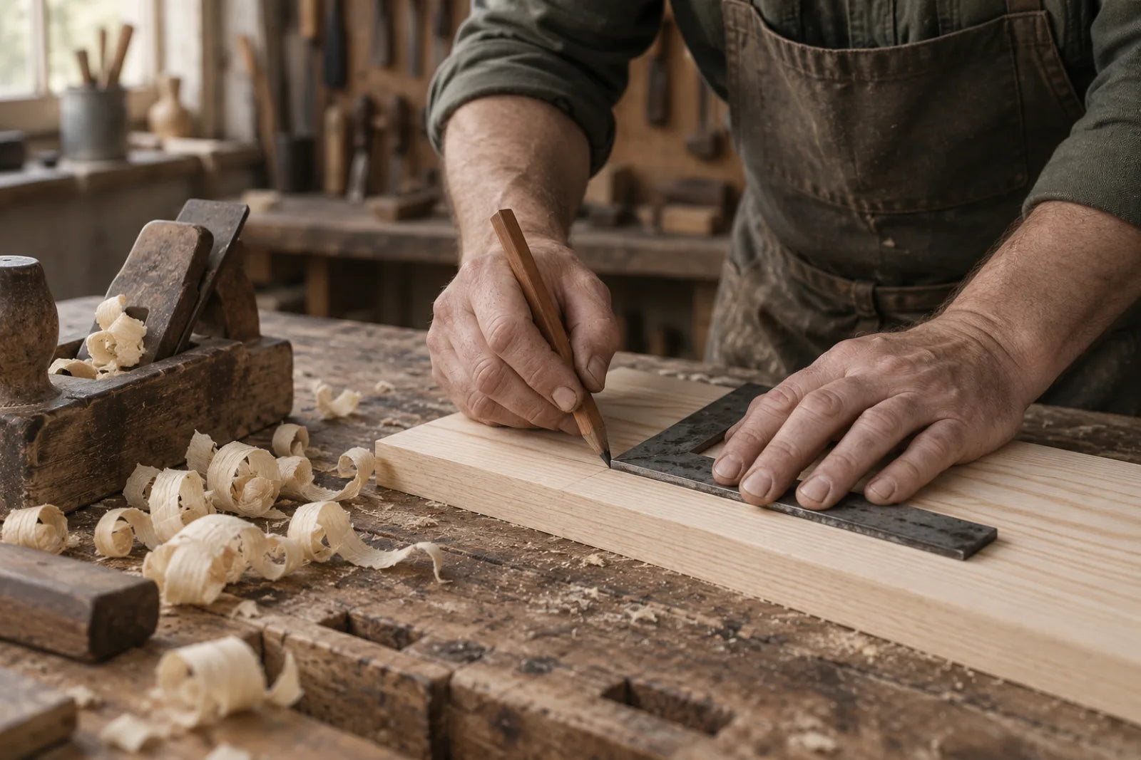 Hands measuring a board with a square and pencil on a workbench.