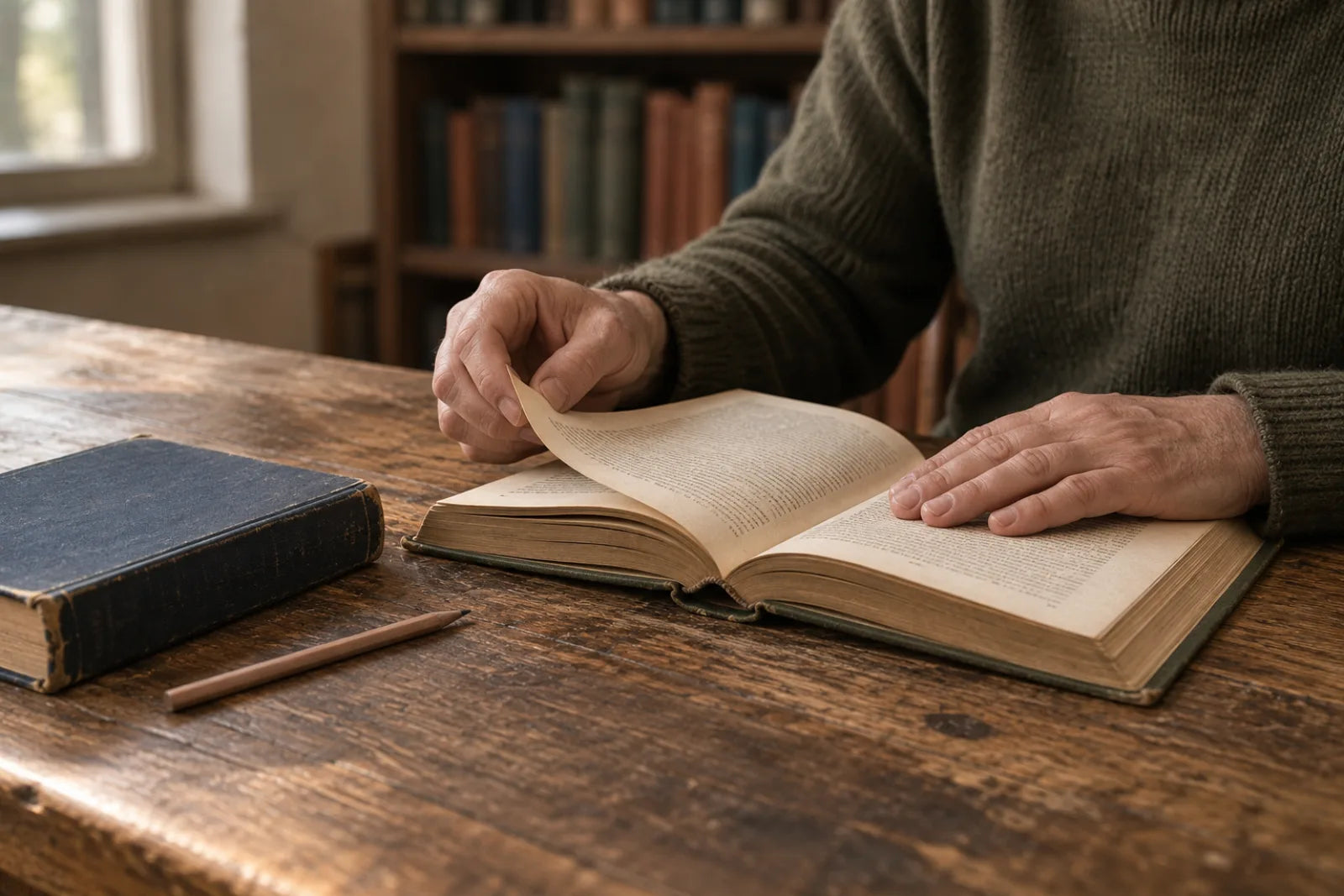 A reader holding an open book in the warm light of a reading lamp.