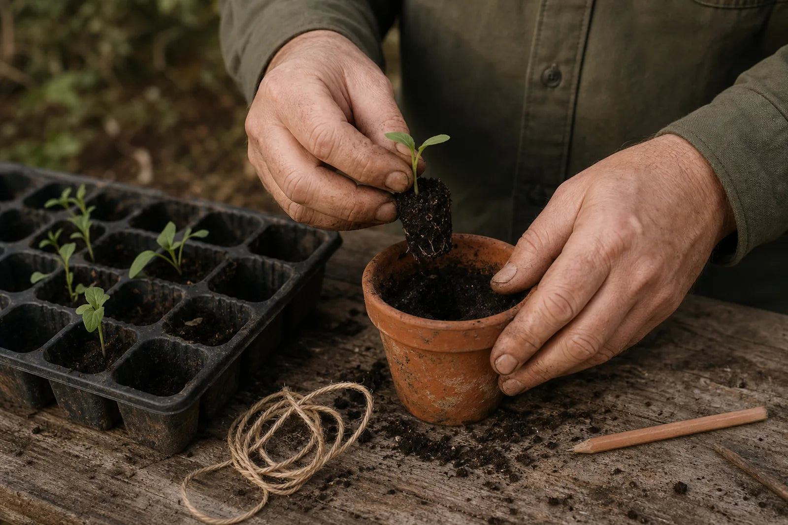 Soil-covered hands settling a young seedling into a terracotta pot.